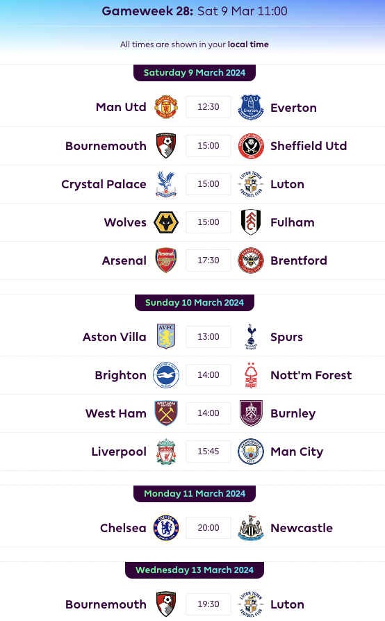 FPL GW28 Fixtures